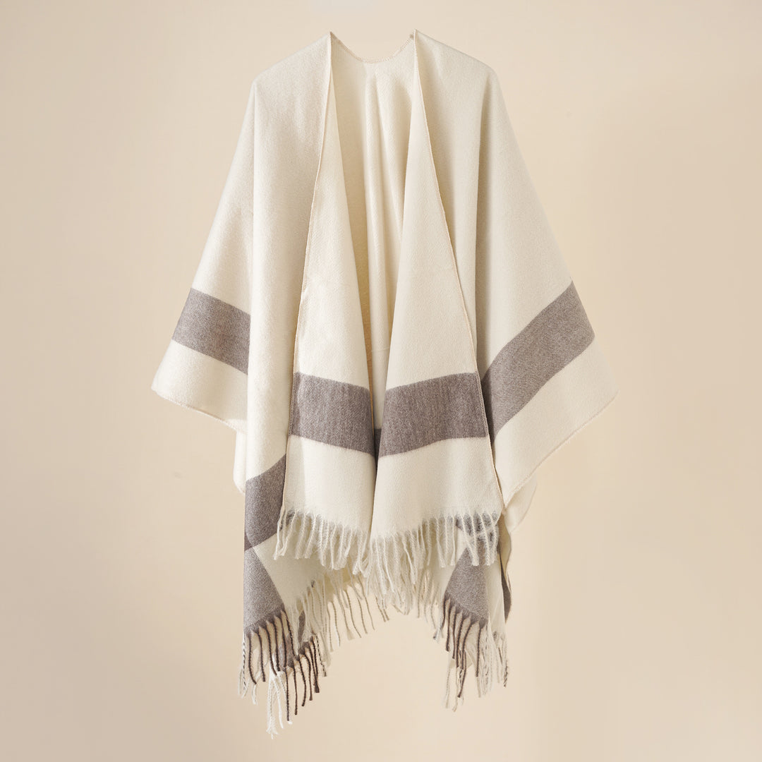 Women's Wool Blend Poncho with Check Pattern and Fringing Mune Fashion