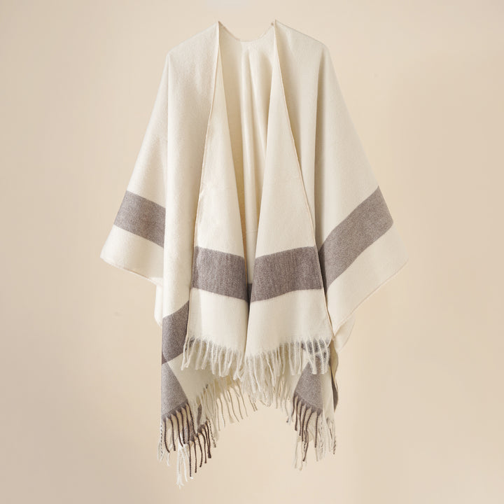 Women's Wool Blend Poncho with Check Pattern and Fringing Mune Fashion