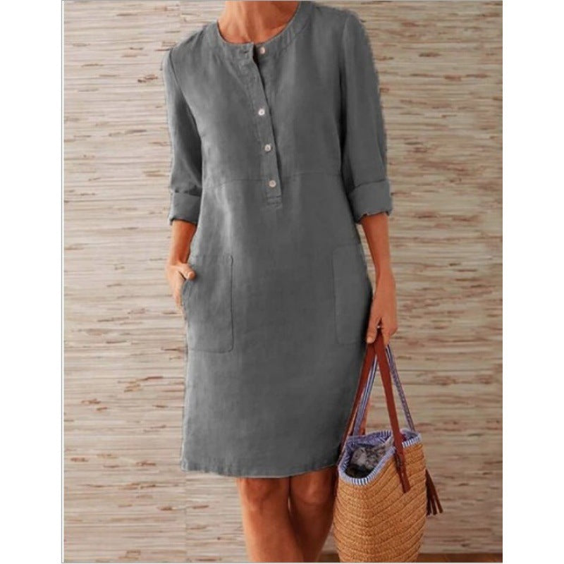 Women loose-fitting linen-look dress with three-quarter sleeves, button placket and side pockets Mune Fashion