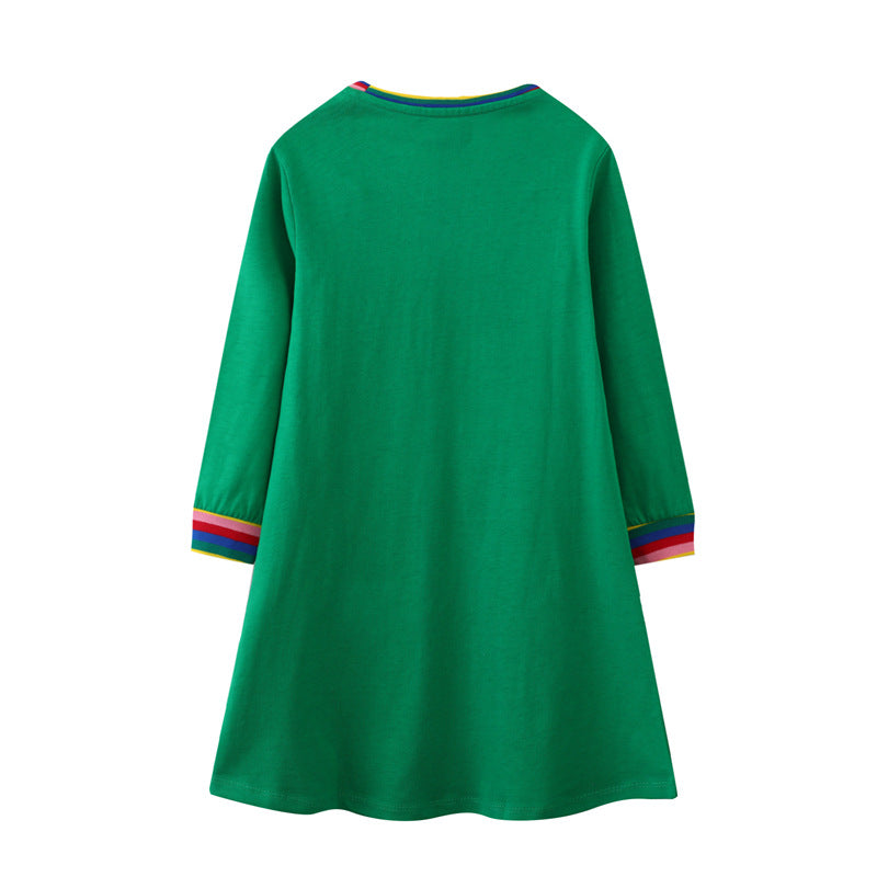 Girl Long Sleeve Dress with Colorful Animal and Flower Embroidery Mune Fashion