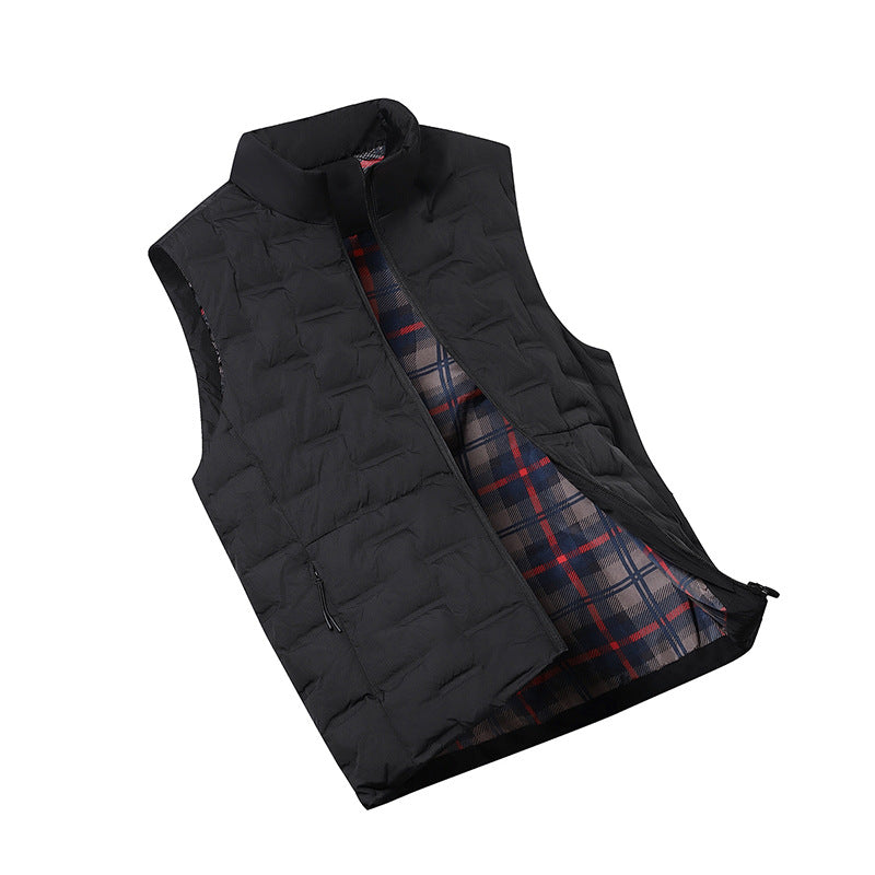 Men's Quilted Padded Vest with Checked Lining and Stand-Up Collar Mune Fashion