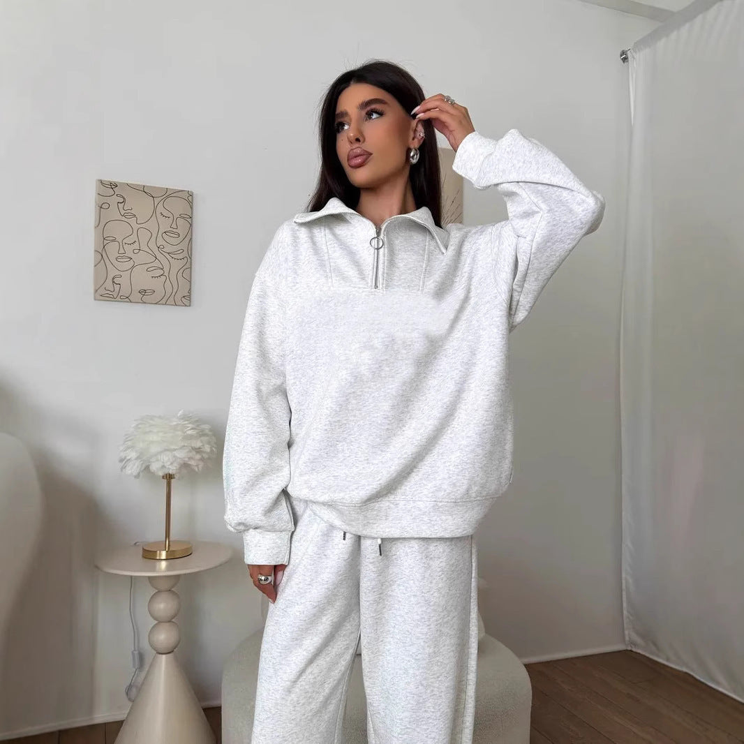 Women's casual sweat set with a half-high zipper collar and wide joggers Mune Fashion