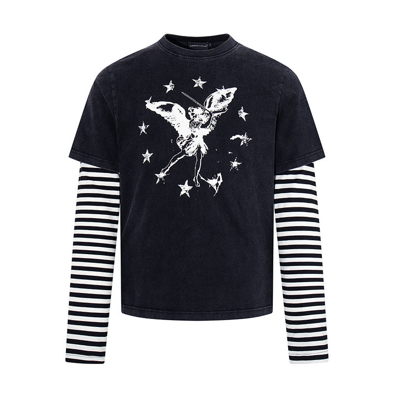 Women's Layered Long Sleeve Shirt with Striped Under Sleeves and Vintage Angel Print Mune Fashion