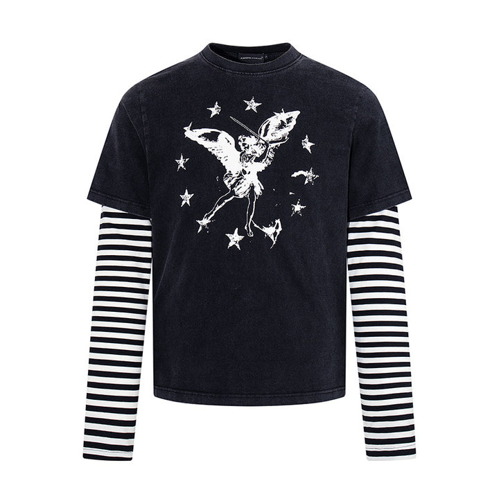 Women's Layered Long Sleeve Shirt with Striped Under Sleeves and Vintage Angel Print Mune Fashion