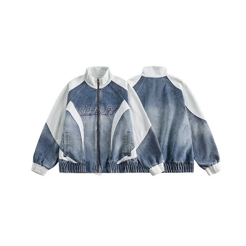 Unisex Boxy Jeans Jacket in Patchwork Look with Stand-Up Collar and Zipper Mune Fashion