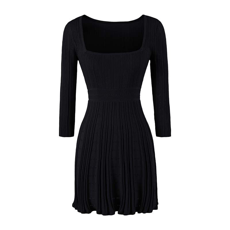 Women's Figure-Hugging Fine Knit Midi Dress with Square Neckline and Pleated Skirt Mune Fashion