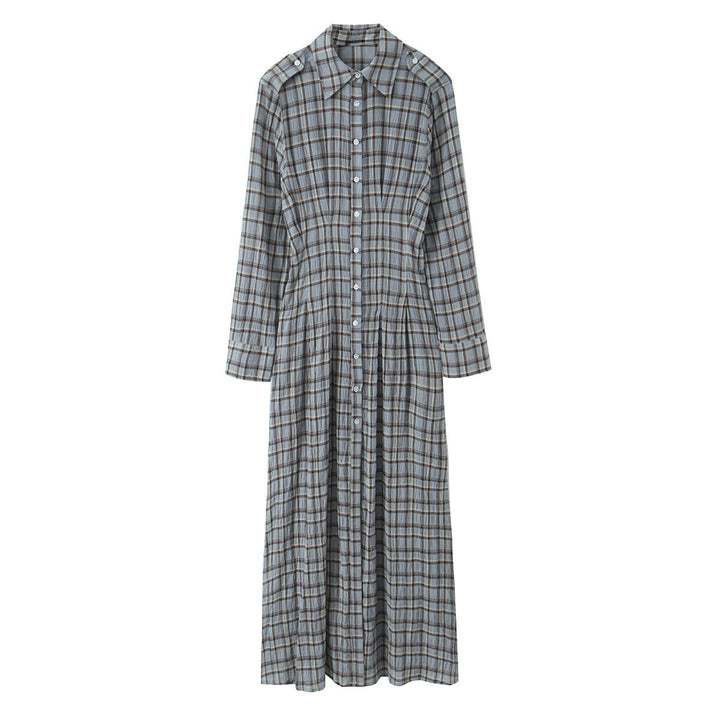 Ladies' maxi dress in shirt blouse style with continuous button placket and tailored pleated section Mune Fashion