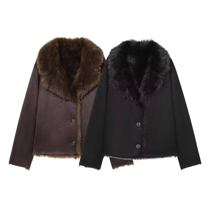 Women's Cropped Wool Blend Blouson with Voluminous Faux Fur Collar Mune Fashion