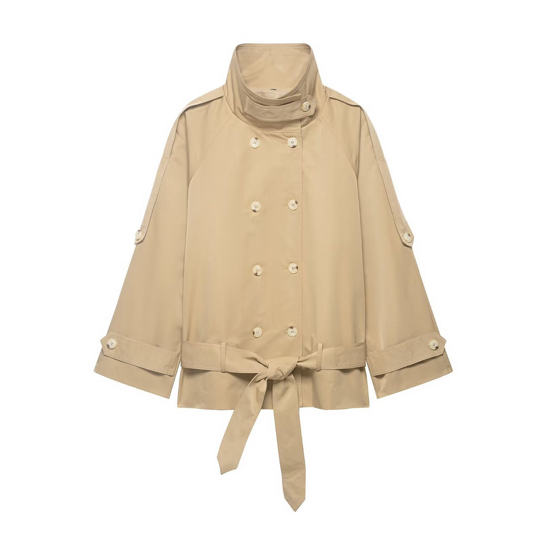 Women's Short Cape Trench with High Standing Collar, Double-Breasted Button Placket and Tie Belt Mune Fashion