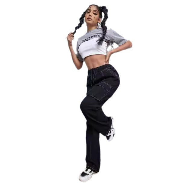 Women’s utilitarian denim cargo pants with contrast stitching and drawstring Mune Fashion