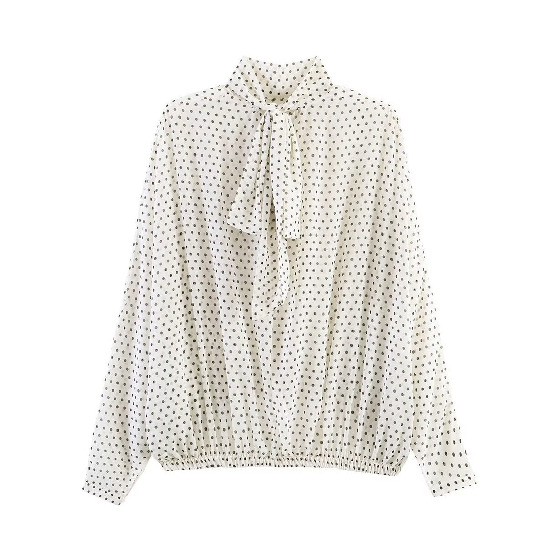 Women's Loose Blouson Top with Stand Collar, Polka Dot Pattern and Elastic Hem Mune Fashion
