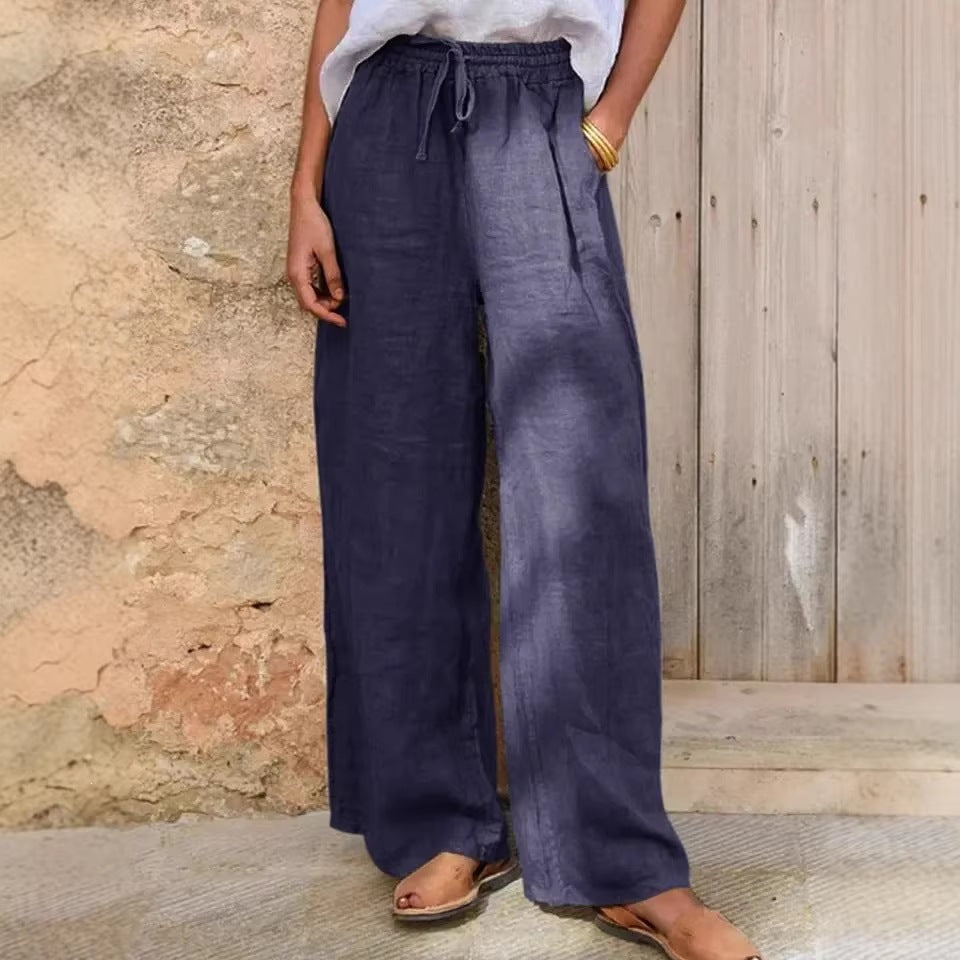 Women's High-Cut Linen Palazzo Pants with Drawstring and Wide Leg Mune Fashion