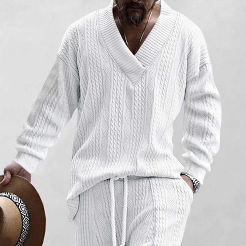 Men's relaxed knit ensemble with deep V-neck and elastic drawstring waistband Mune Fashion