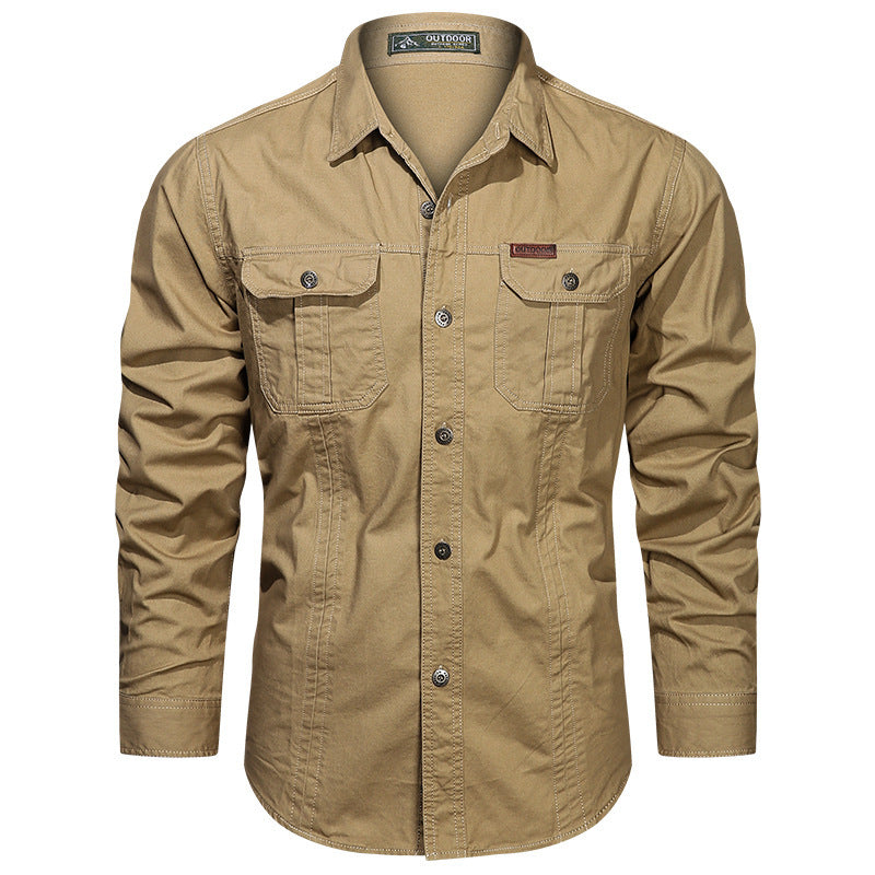 Men's rugged long-sleeve outdoor shirt with double chest pockets and button front