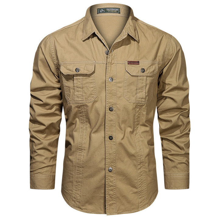 Men's rugged long-sleeve outdoor shirt with double chest pockets and button front