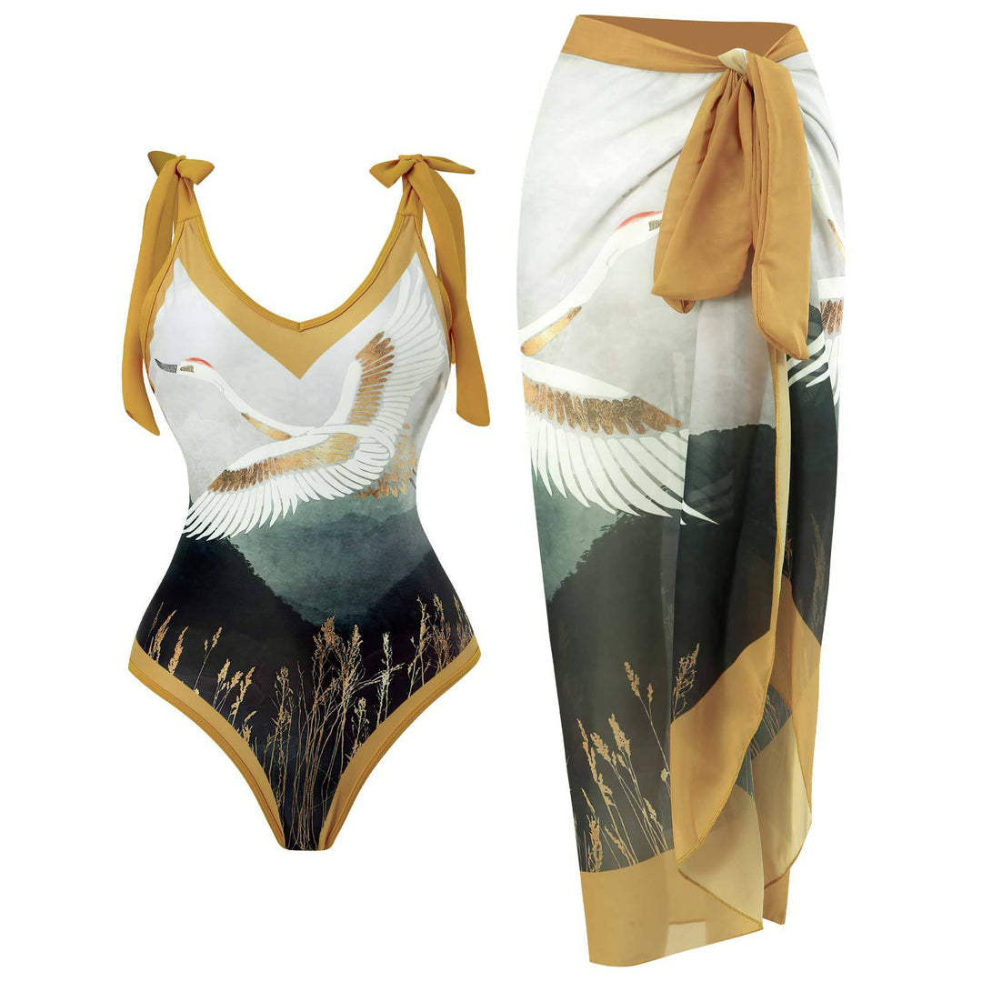 Women’s One-Piece Swimsuit with Playful Tie Straps and Elegant Wrap Skirt Mune Fashion