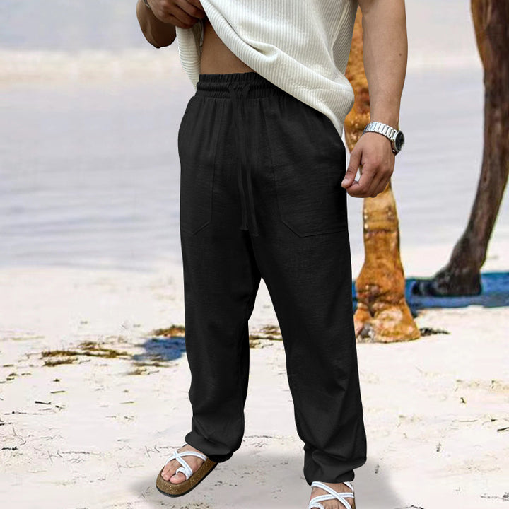 Men's airy linen relaxed pants with straight leg, patch front pockets, and elastic drawstring Mune Fashion