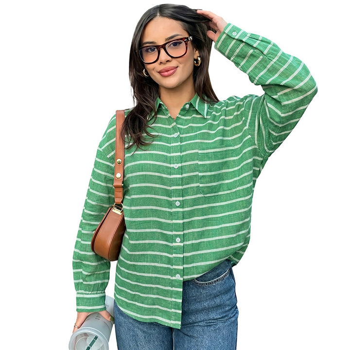 Women's Casual Striped Oversize Shirt Blouse in Linen Look with Breast Pocket Mune Fashion