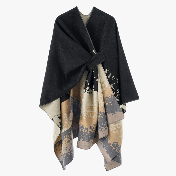 Women's cape poncho with integrated tie loop and two-layer jacquard fall Mune Fashion