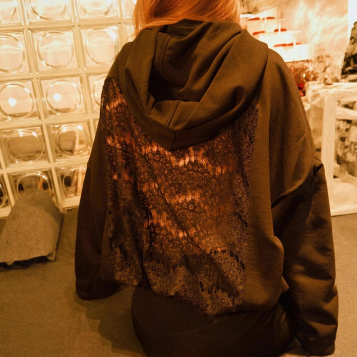 Ladies' oversized hooded sweater with floral lace insert on the back Mune Fashion