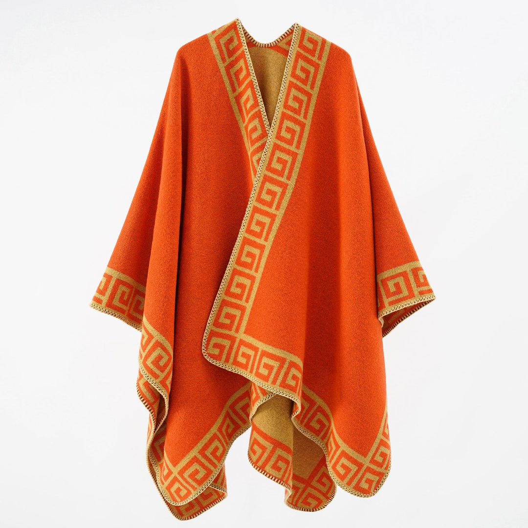 Women's Cape Poncho with Meander Border and Wool Mix Quality Mune Fashion