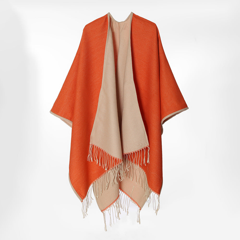 Women Two-Layer Oversized Cape with Fringes and Open Waterfall Cut Mune Fashion