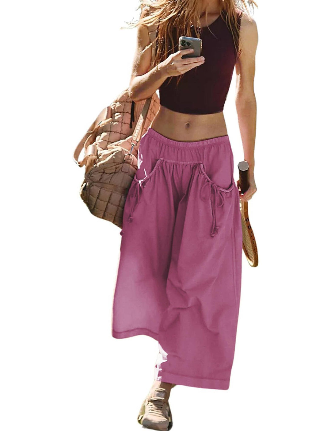 Women's Wide Culotte Pants with Drawstring and Generous Pockets Mune Fashion