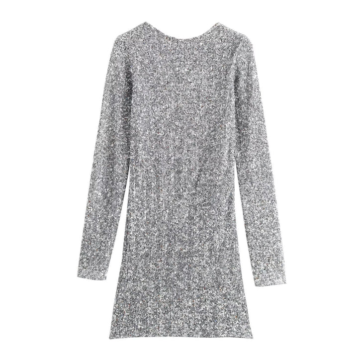 Women's Sequin Mini Dress with Long Sleeves and Boat Neck