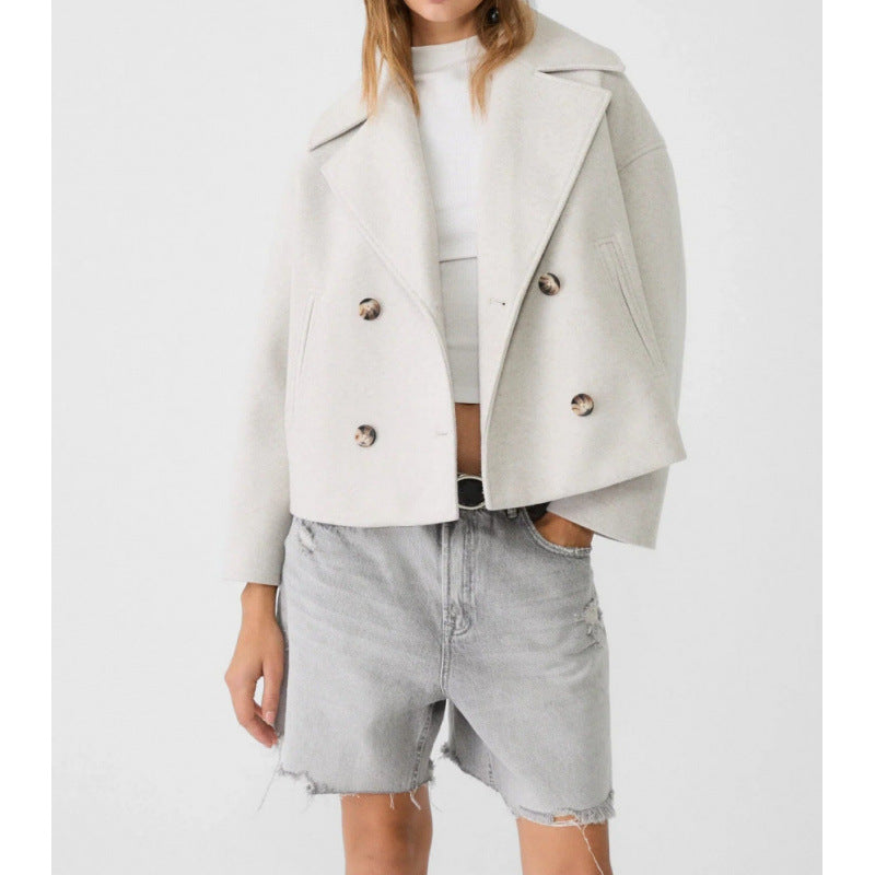 Women's Short Double-Breasted Wool Blend Peacoat with Oversized Lapels Mune Fashion
