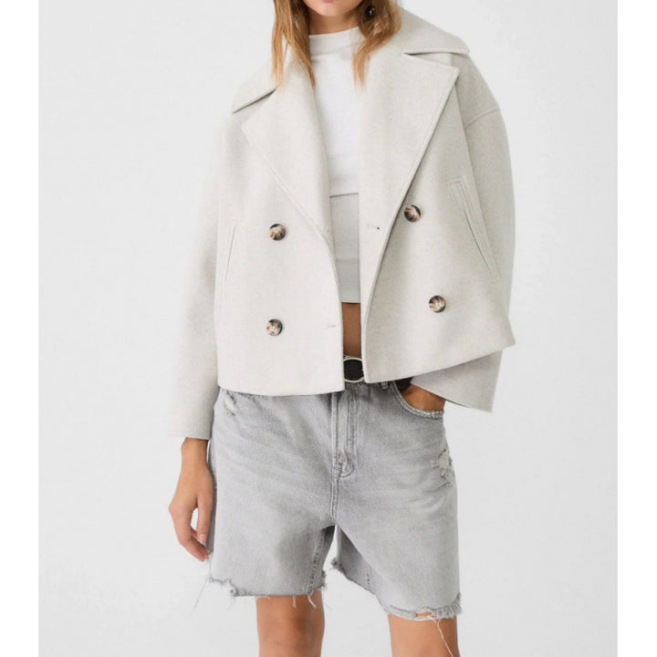 Women's Short Double-Breasted Wool Blend Peacoat with Oversized Lapels Mune Fashion