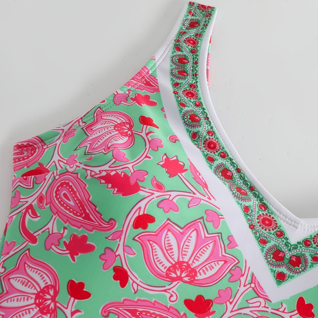Ladies One-Piece Swimsuit with Floral Design and Fashionable Straps Mune Fashion