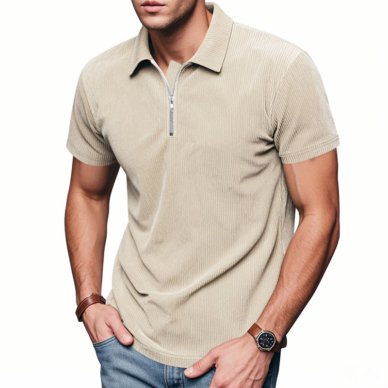 Men's short-sleeved polo with a short zipper at the collar and fine ribbed texture Mune Fashion