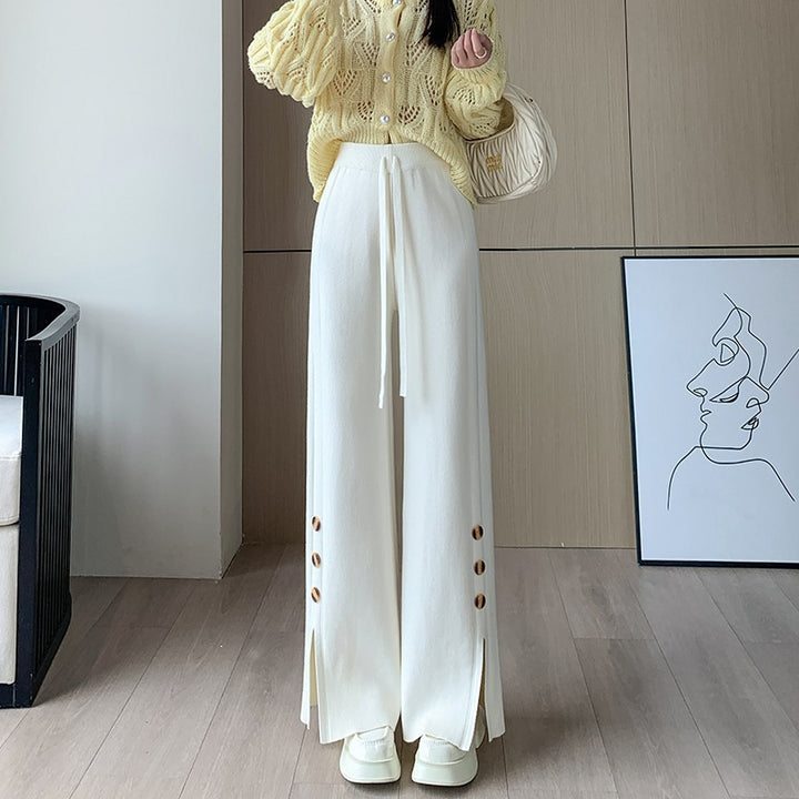 Women's Wide-Cut Knitted Pants with Button Details Mune Fashion