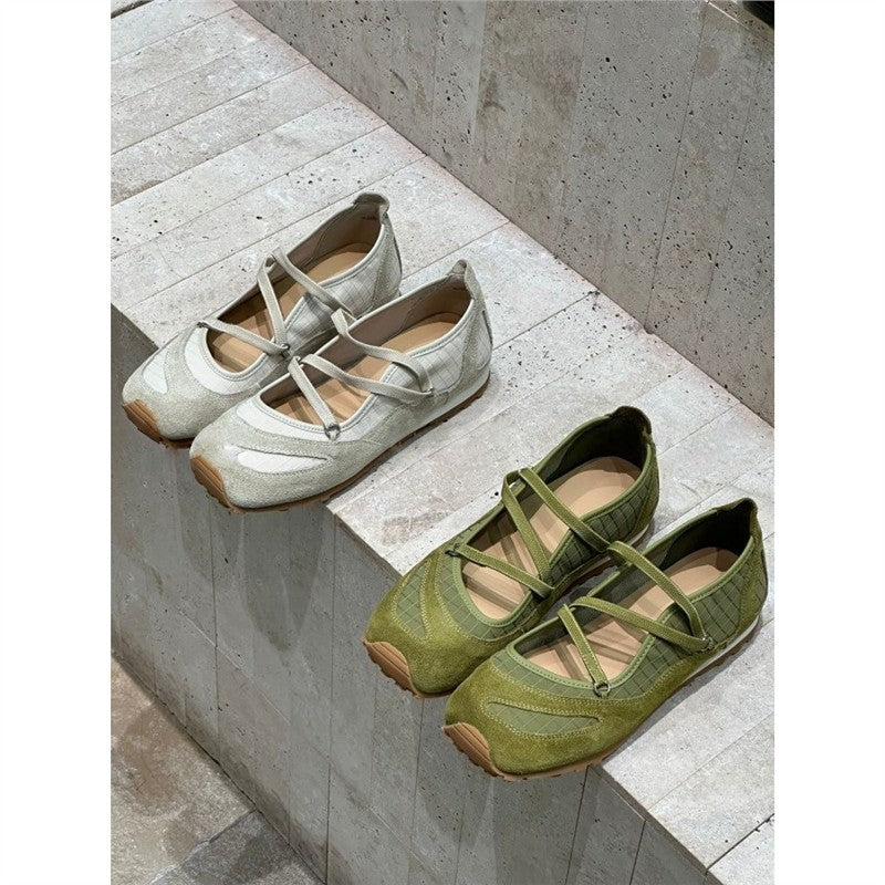 Damen Ballerina-Slipper mit Kreuzriemchen, Wildleder- und Krokostruktur Mune Fashion