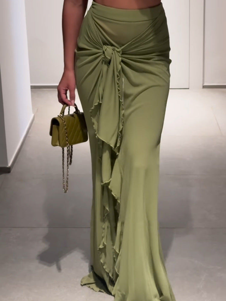 Women's High-Waisted Maxi Skirt with Asymmetrical Gathering, Knot Detail, and Ruffle Slit Mune Fashion