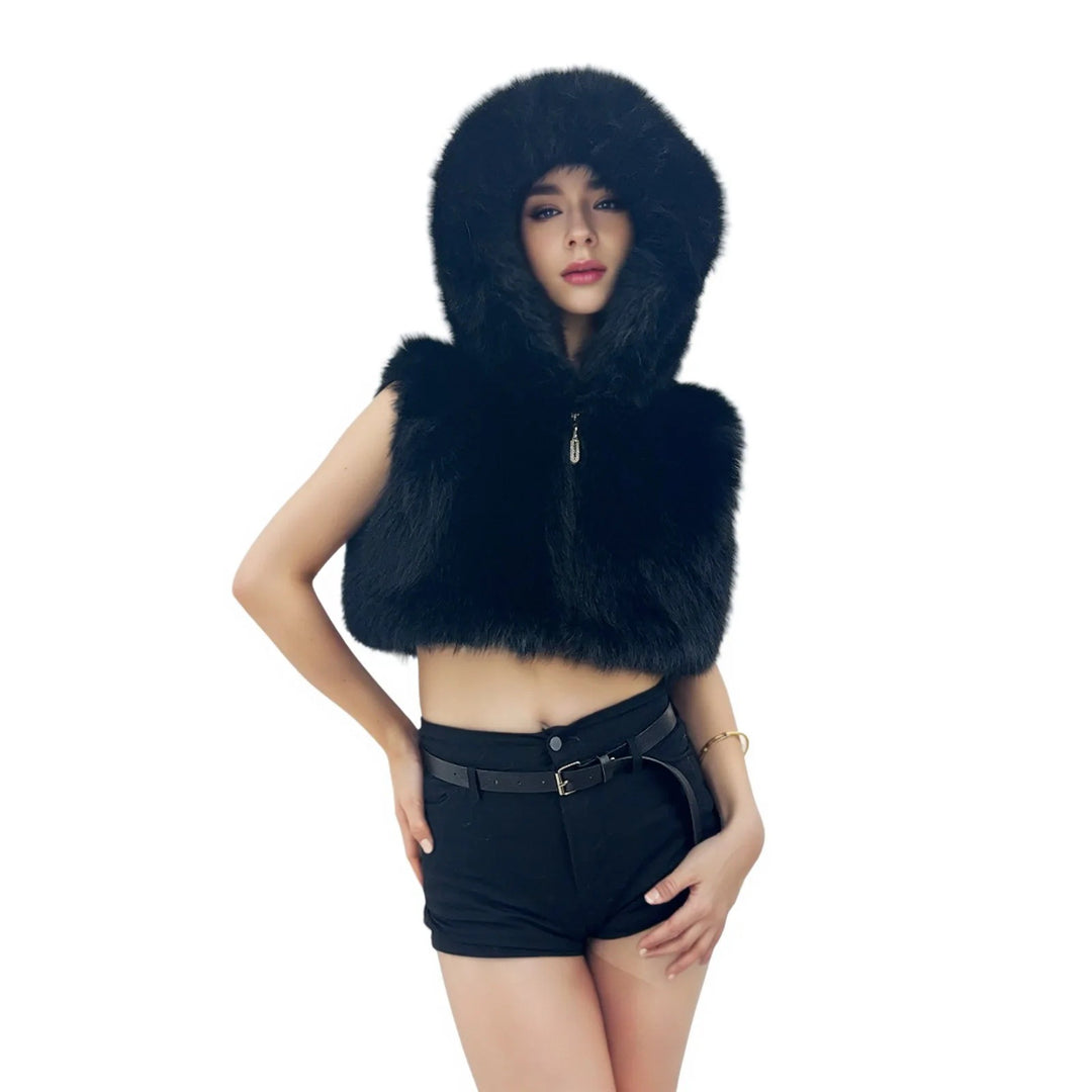 Women's Short Hooded Vest made of High-Pile Faux Fur with Voluminous Long Hair Collar Mune Fashion