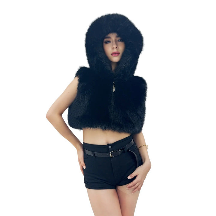 Women's Short Hooded Vest made of High-Pile Faux Fur with Voluminous Long Hair Collar Mune Fashion