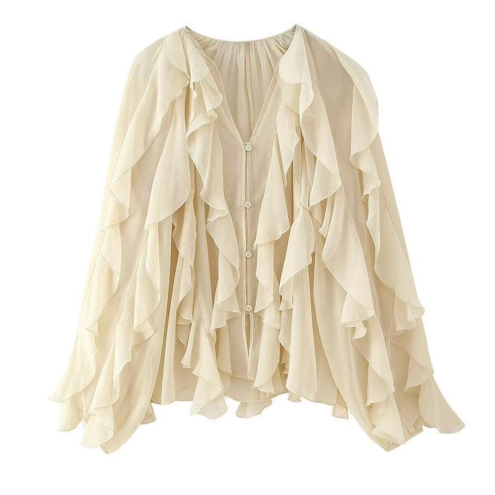Women's Ruffle Chiffon Blouse with Button Placket, Gathered Neckline and Balloon Sleeves Mune Fashion