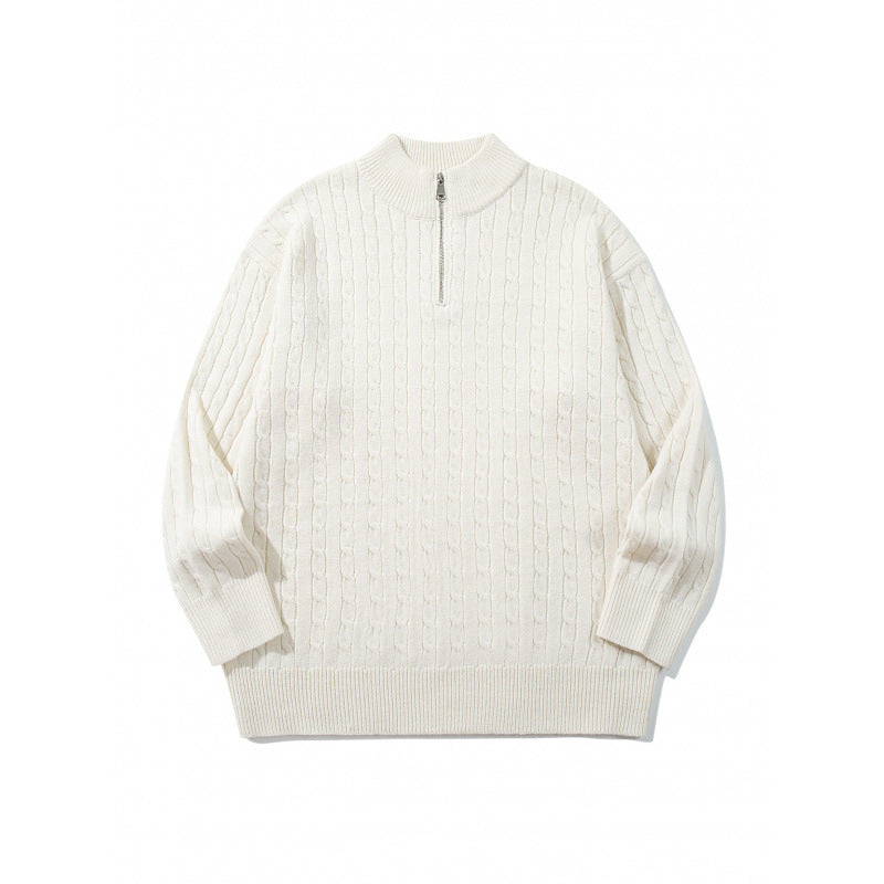 Unisex Oversize Braided Knit Half-Zip Sweater with Short Stand-Up Collar and Wide Ribbed Hem Mune Fashion