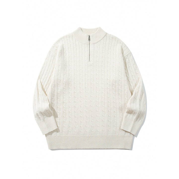 Unisex Oversize Braided Knit Half-Zip Sweater with Short Stand-Up Collar and Wide Ribbed Hem Mune Fashion