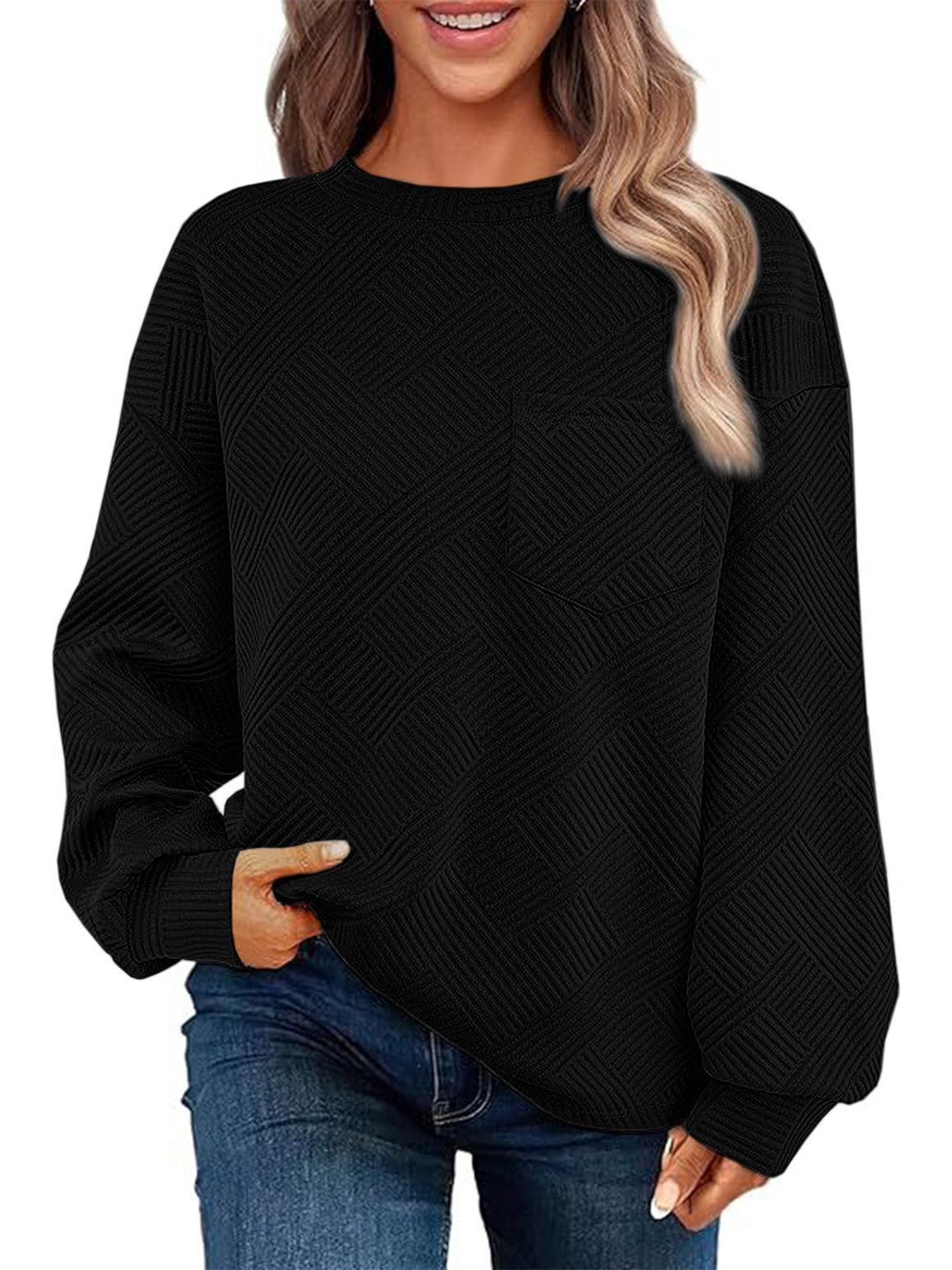 Women's Oversized Textured Knit Sweater with Chest Pocket Mune Fashion