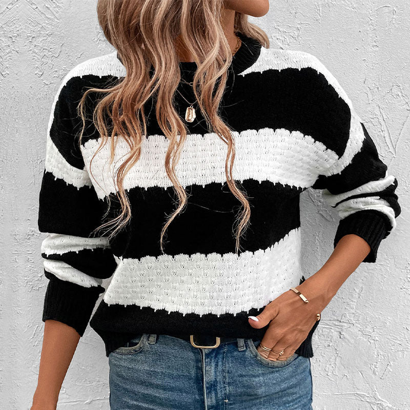 Women Casual Knit Sweater with Decorative Stripes Mune Fashion
