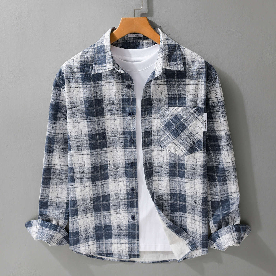 Men's Lightweight Checkered Layering Overshirt made of Cotton-Linen Blend with Diagonal Chest Patch Mune Fashion