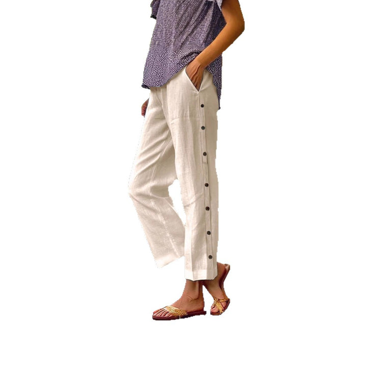 Women's Cropped Wide-Leg Button-Trim Linen-Blend Casual Pants Mune Fashion