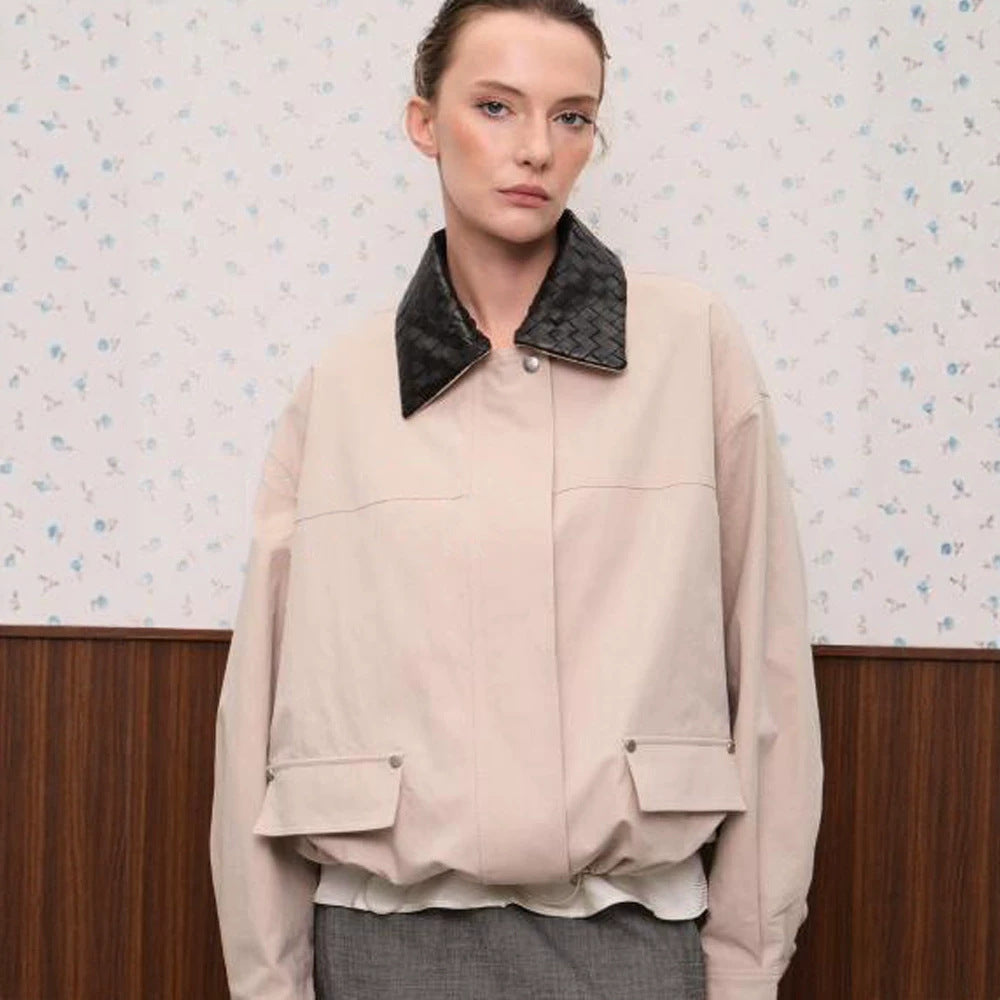 Women's oversized transitional jacket with braided collar and patch flap pockets Mune Fashion