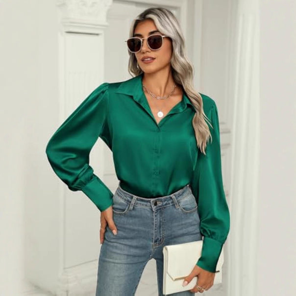 Women's silk look blouse with shirt collar, concealed button placket and long cuffs Drune