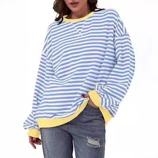 Women Striped Oversized Sweater with Contrast Cuffs Mune Fashion