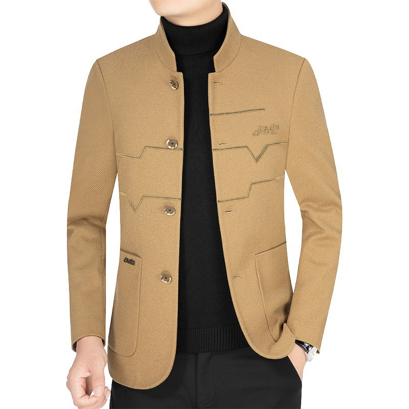 Men's Stand Collar Blazer made of textured wool blend with decorative seams and patch pockets Mune Fashion