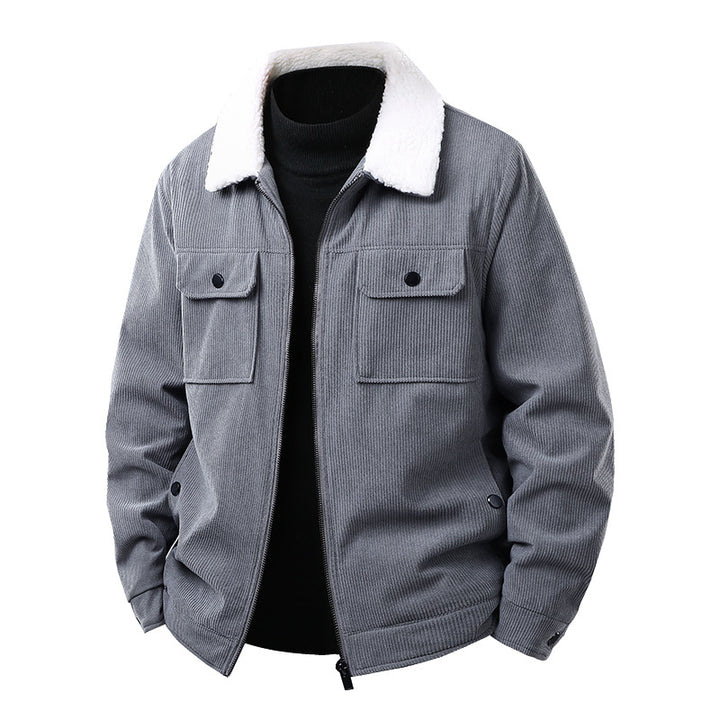Men's cord work jacket with sherpa collar, concealed zipper, and multi-pocket chest pockets Mune Fashion