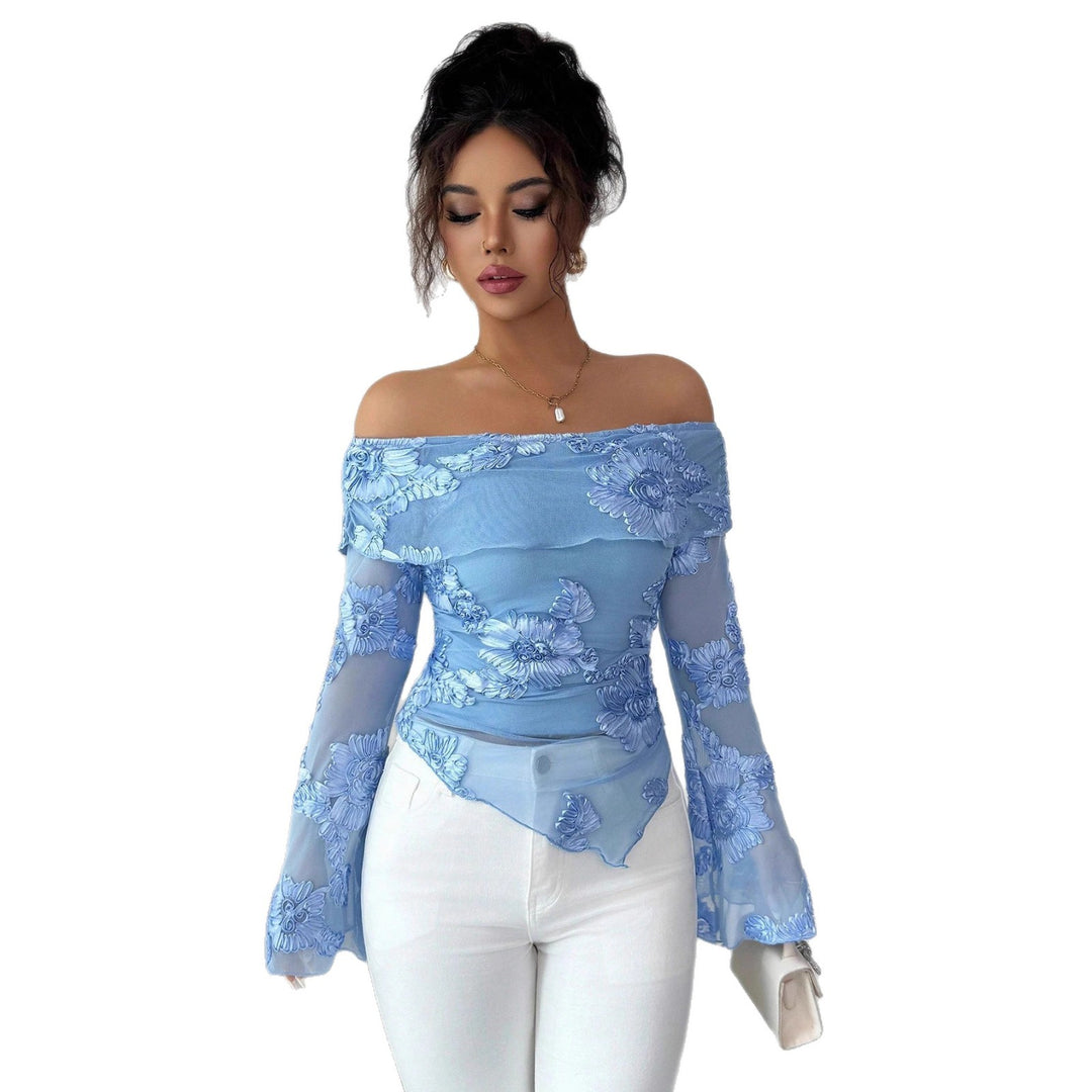 Ladies off-shoulder mesh top with three-dimensional lace appliqué, flared bell sleeves, and asymmetrical scalloped hem Mune Fashion